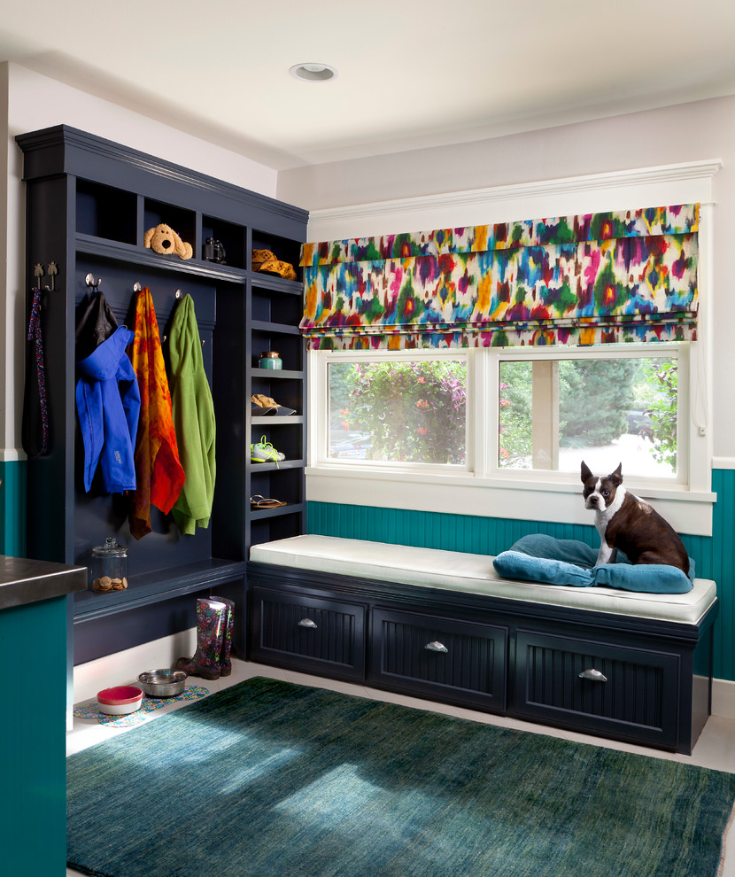 Mudroom - transitional mudroom idea in Denver with blue walls