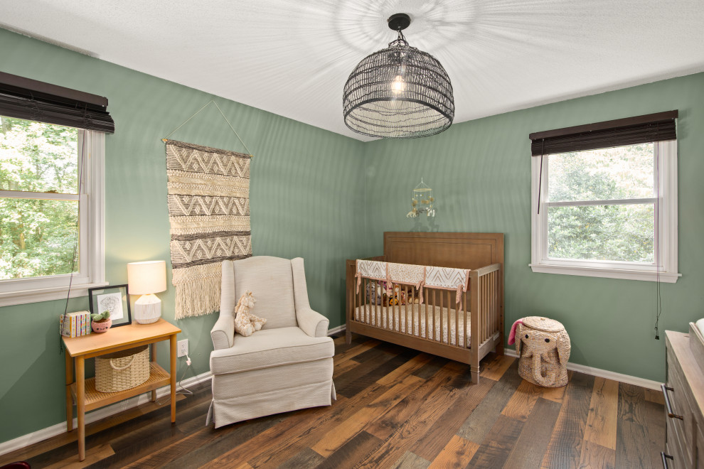 Inspiration for a transitional girl dark wood floor and brown floor nursery remodel