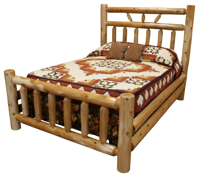 White Cedar Log Rustic Bed with Wagon Wheel Headboard, Twin - Rustic ...