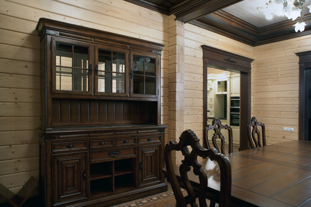 Кессонные потолки, стеновые панели, двери и кухня в деревянном доме