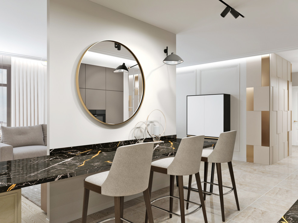 Design ideas for a large transitional galley seated home bar in Moscow with beige splashback, porcelain floors, beige floor and black benchtop.