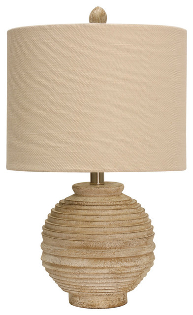 Table Lamp, Distressed White Finish, White Hardback Fabric Shade