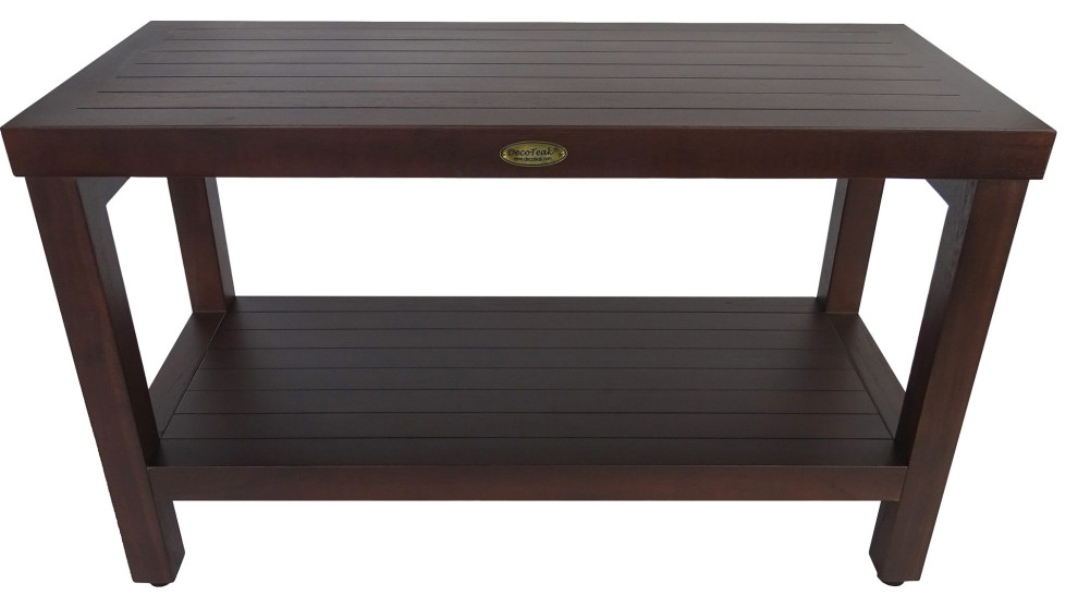 Rectangular Teak Shower Stool or Bench With Shelf, Brown Finish