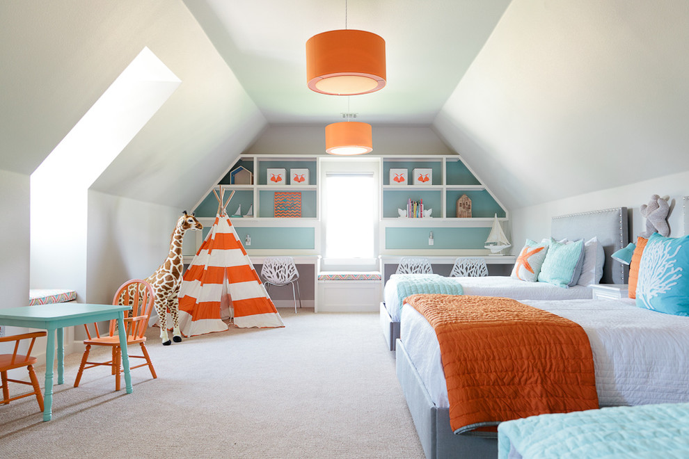 Inspiration for a mid-sized beach style gender-neutral kids' bedroom in Other with blue walls and carpet.