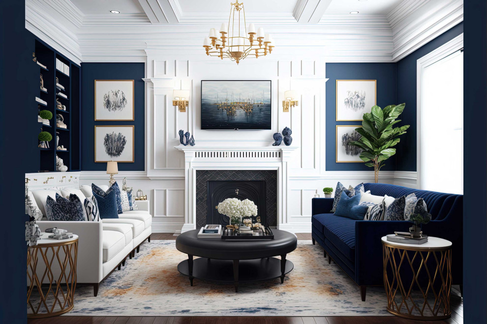 Inspiration for a medium sized traditional formal living room in Phoenix with blue walls, dark hardwood flooring, a standard fireplace, a wooden fireplace surround, no tv, brown floors, a coffered ceiling and wainscoting.