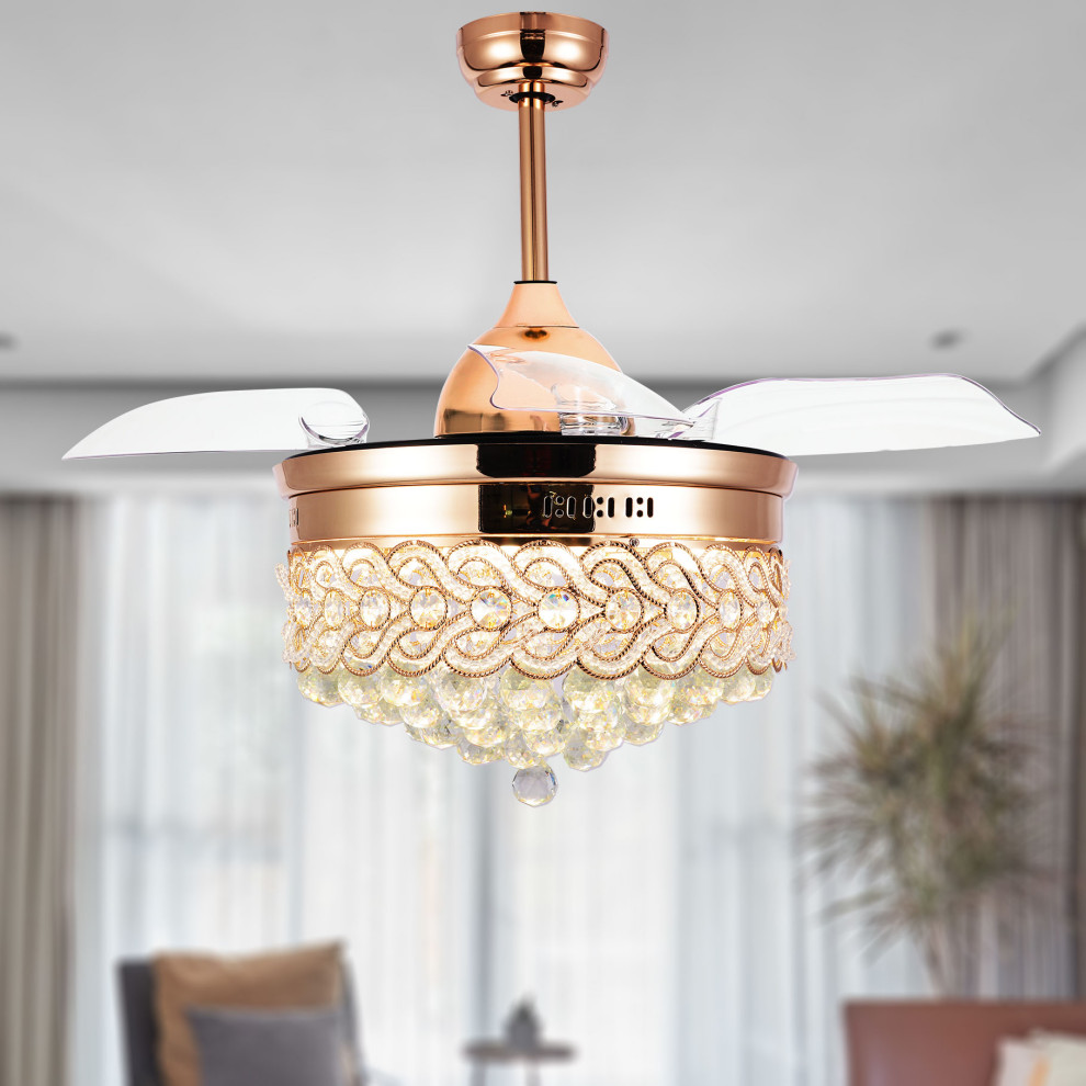 42 Modern Crystal Ceiling Fan With Lights Retractable Chandelier Fan French G