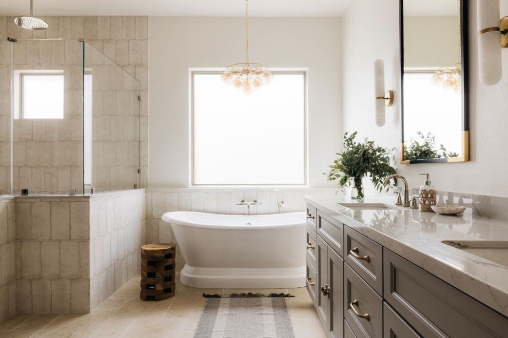 Example of a transitional double-sink bathroom design in Phoenix with green cabinets
