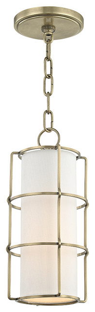 Sovereign 1-Light Pendant, Aged Brass Finish, Off White Linen Shade