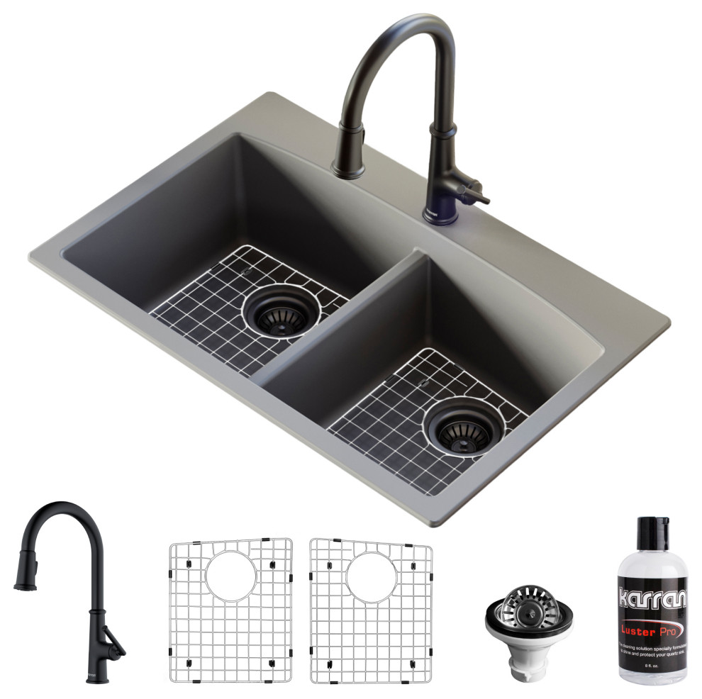 Karran Drop-In Quartz 33" 1-Hole 50/50 Double Bowl Sink, Black With Faucet