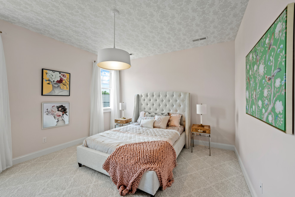 The Cardinal - Inspiration for a mid-sized contemporary guest light wood floor, beige floor and wallpaper ceiling bedroom remodel in Richmond with pink walls and no fireplace