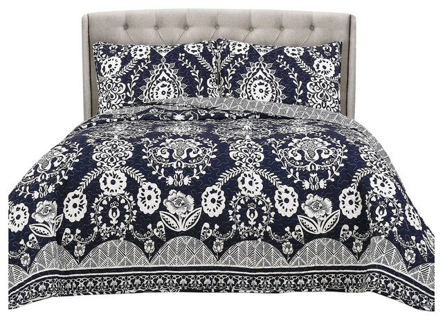 3 Piece Rosetta Floral Quilt Set Navy Contemporary Quilts And