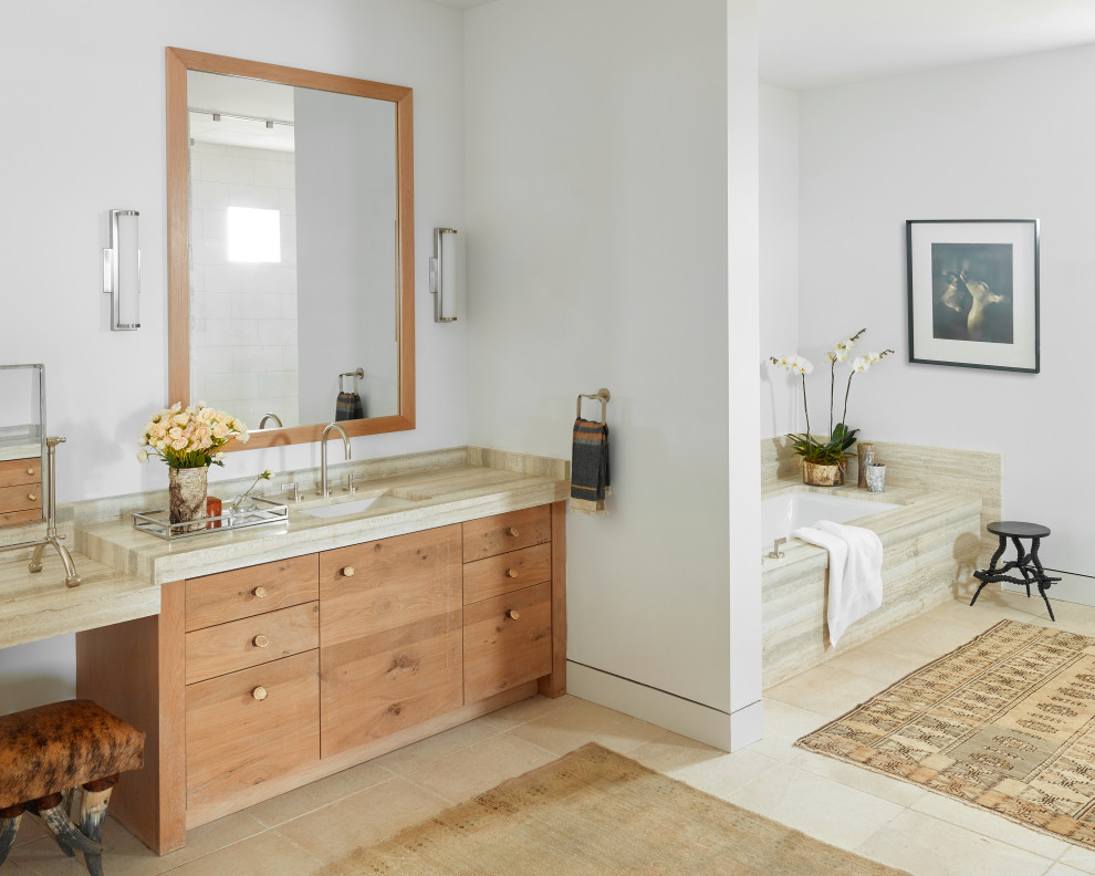 Design ideas for a medium sized rustic ensuite bathroom in Austin with flat-panel cabinets, brown cabinets, an alcove bath, white walls, ceramic flooring, a built-in sink, solid surface worktops, beige floors, beige worktops, a single sink and a built in vanity unit.