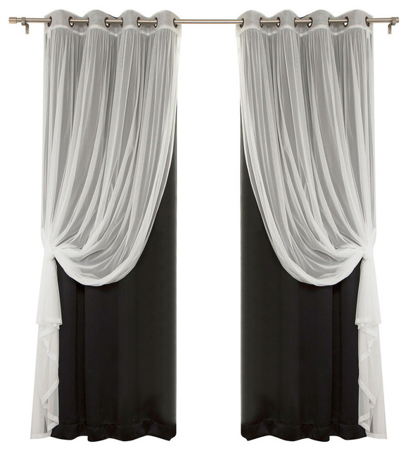 Gathered Tulle Sheer and Blackout 4Piece Curtain Set, Long