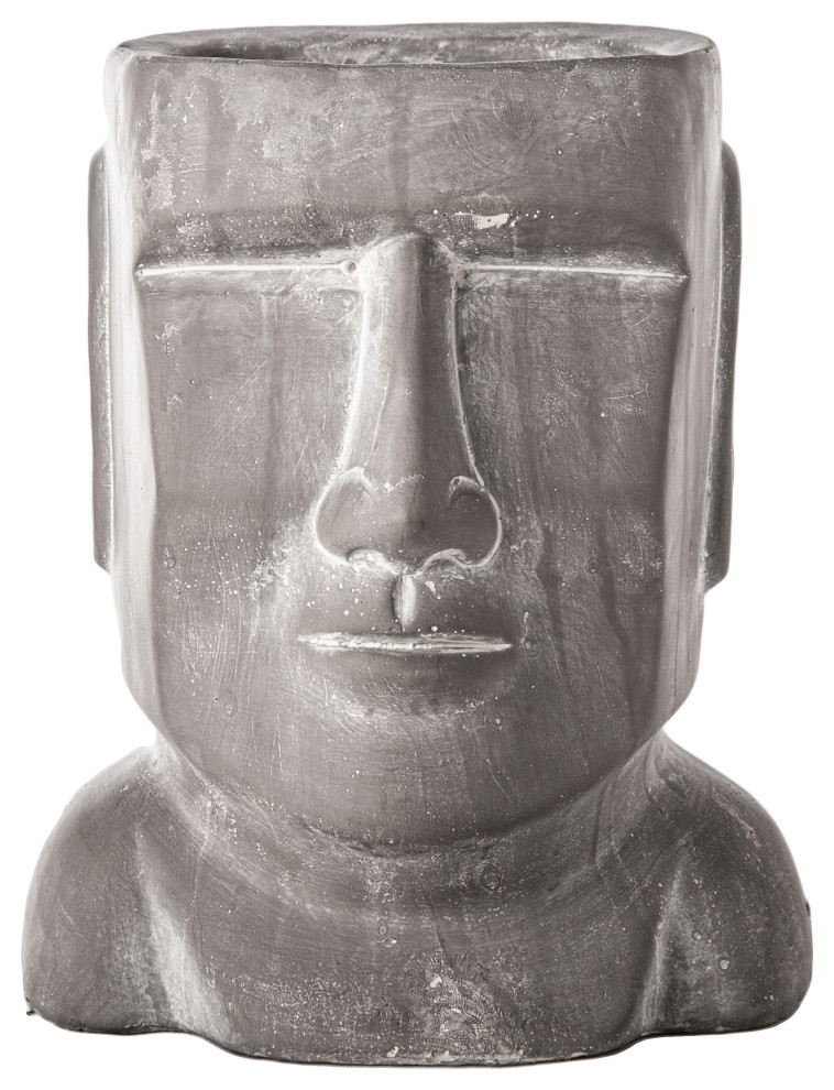 Round Cement Easter Island Head Pot Concrete Gray Finish, Large