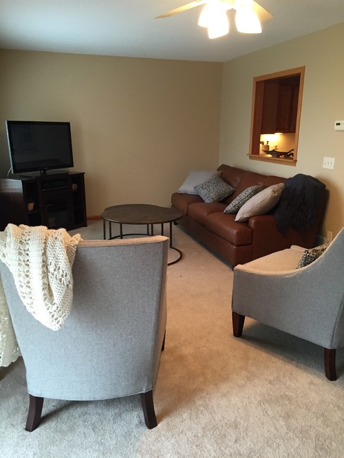 Help Pull It Together Recently Moved Into New Condo And Have Purchased Furniture Saddle Brown Leather Couch Grey Chairs Pillows With Navy Accent