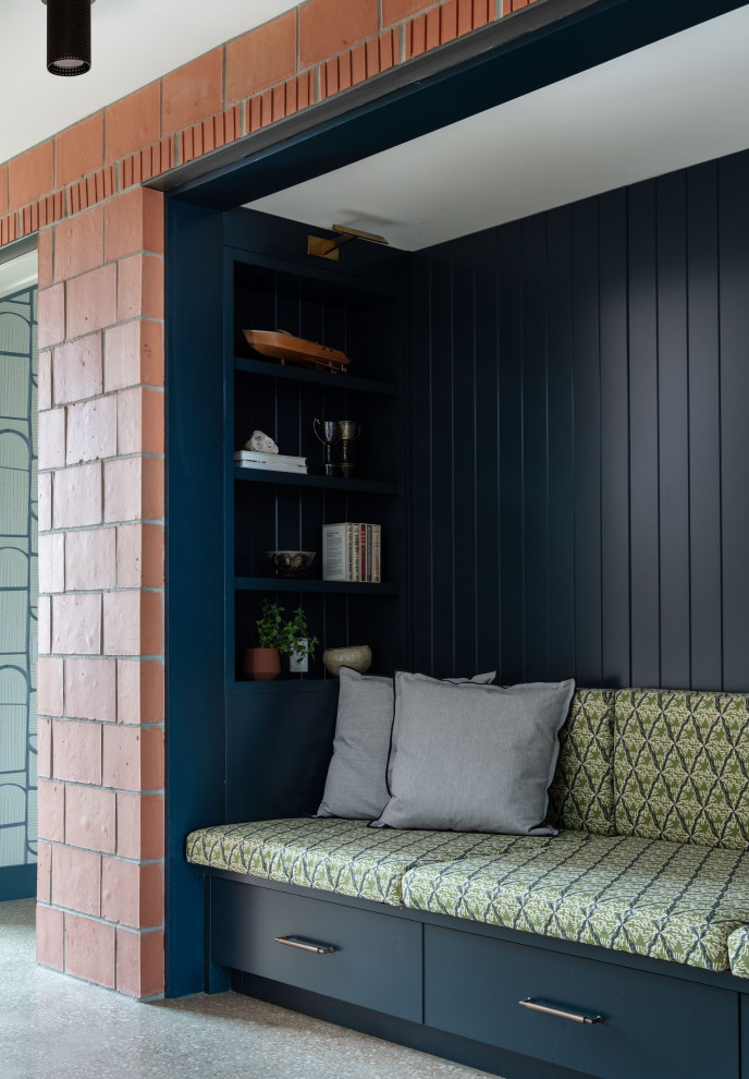 Martindale Water Ski Retreat - Example of a study space and mid-sized trendy gender-neutral wainscoting kids' study room design in Austin with blue walls