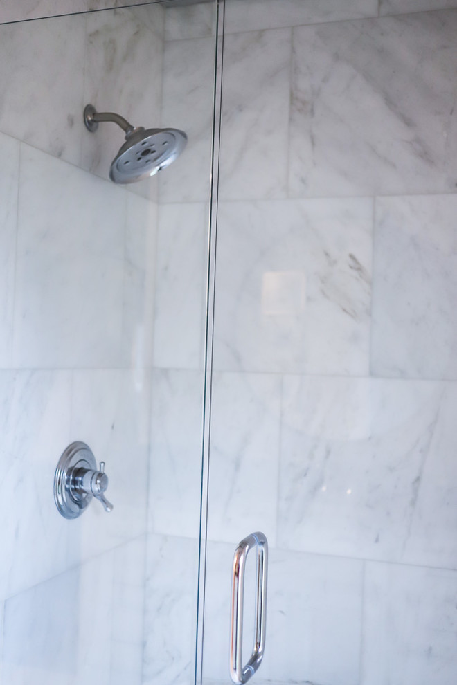 Inspiration for a mid-sized transitional master white tile and marble tile ceramic tile and gray floor alcove bathtub remodel with gray walls, beaded inset cabinets, white cabinets, a two-piece toilet, an undermount sink, quartzite countertops and a hinged shower door