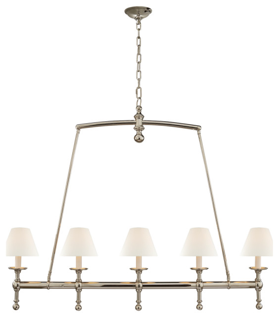 Classic Linear Chandelier in Polished Nickel with Linen Shades