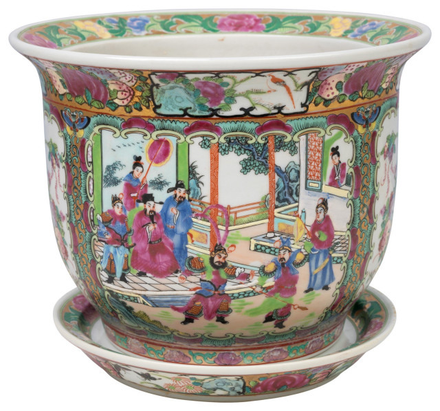 Oriental Rose Canton Porcelain Pot with Saucer 8" Diameter Asian