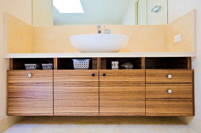 Master Bathroom Retreat Zebra Wood Custom Cabinets Soaking Tub