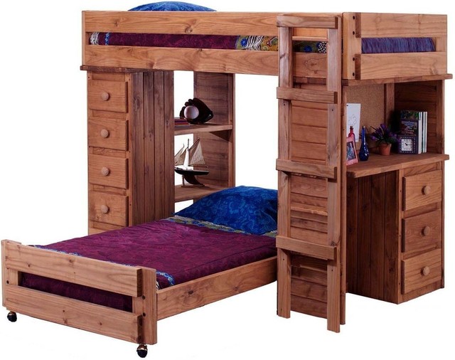 Twin Over Twin Student Loft Bed With Desk And Chest End Rustic