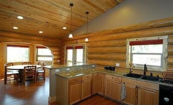 Inspiration for a mid-sized rustic l-shaped open concept kitchen remodel with recessed-panel cabinets and light wood cabinets