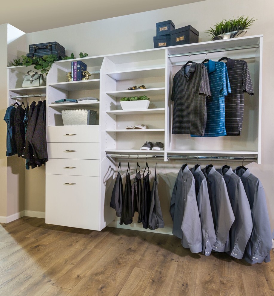 This is an example of a mid-sized contemporary gender-neutral walk-in wardrobe in San Diego with flat-panel cabinets, white cabinets, dark hardwood floors and brown floor.