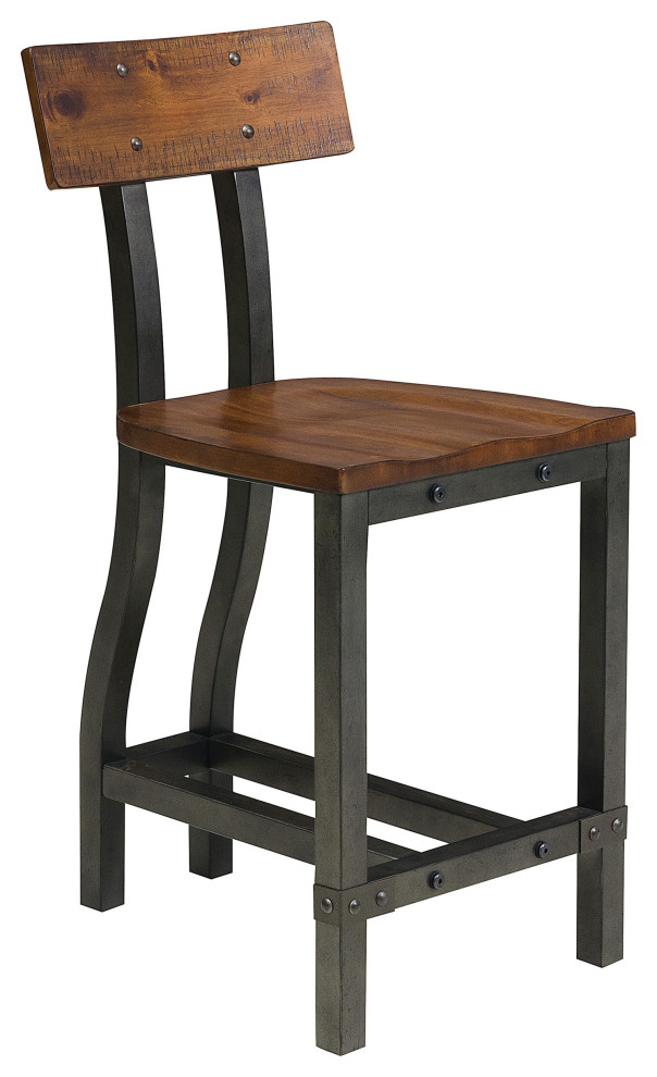Wooden Counter Height Chair with Metal Block Legs and Curved Back