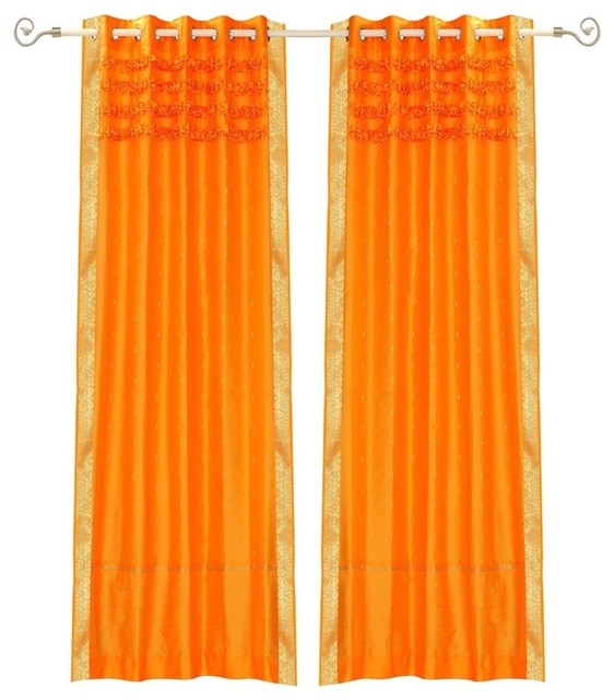 Pumpkin Hand Crafted Grommet Top Sheer Sari Curtain Panel Piece
