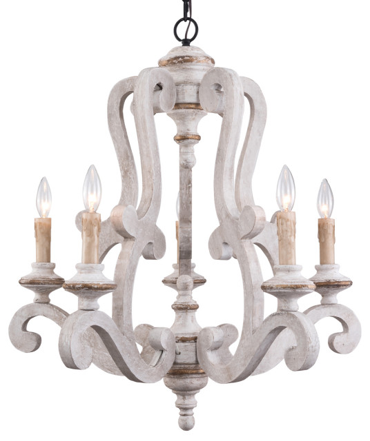 Oaks Aura French Country 5-Light Candle Style Wooden Chandelier, Distressed White