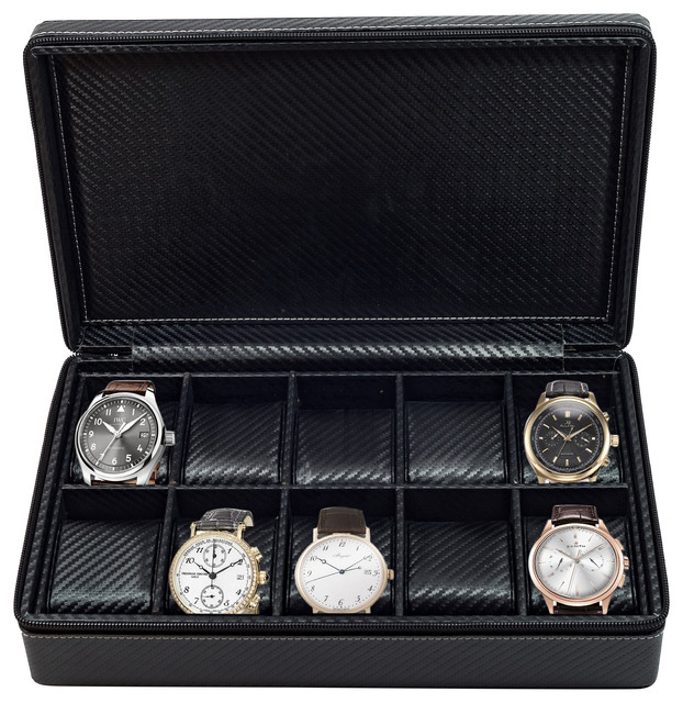 10 Watch Briefcase Black Carbon Fiber Zippered Case Contemporary