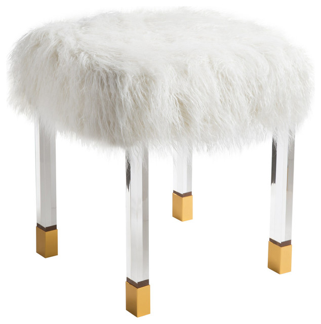 Acrylic Gold Accent Square Leg Stool With Ivory Mongolian Lamb Faux Fur