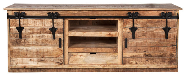 Restoration Media Console With Farmhouse Barn Style Sliding Door