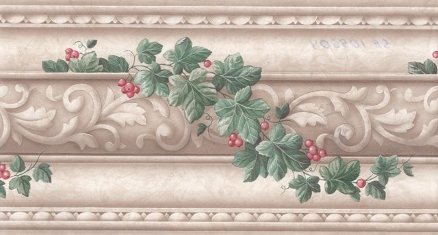 Beige White Stone Red Berries Wallpaper Border