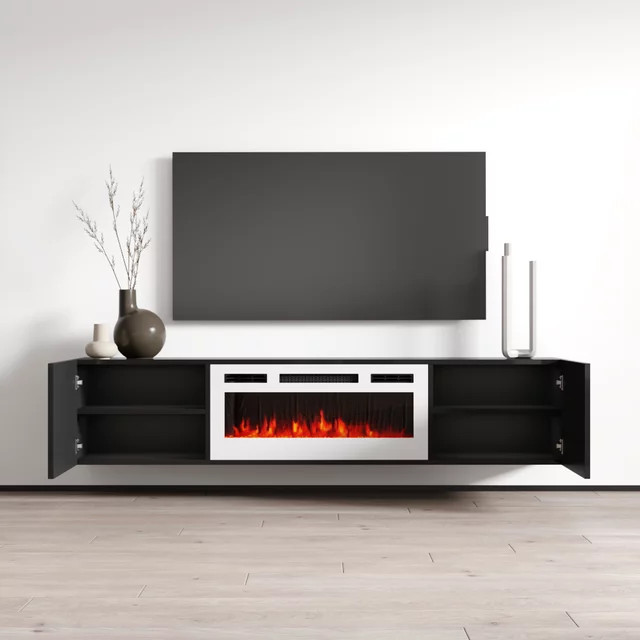 72" High Gloss Floating Fireplace TV Stand, Modern Wall-Mounted Design ...