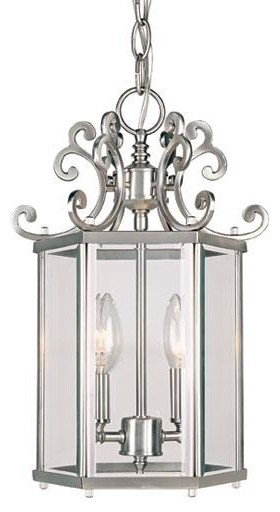 Two Light Clear Beveled Glass Pewter Framed Glass Foyer Hall Fixture