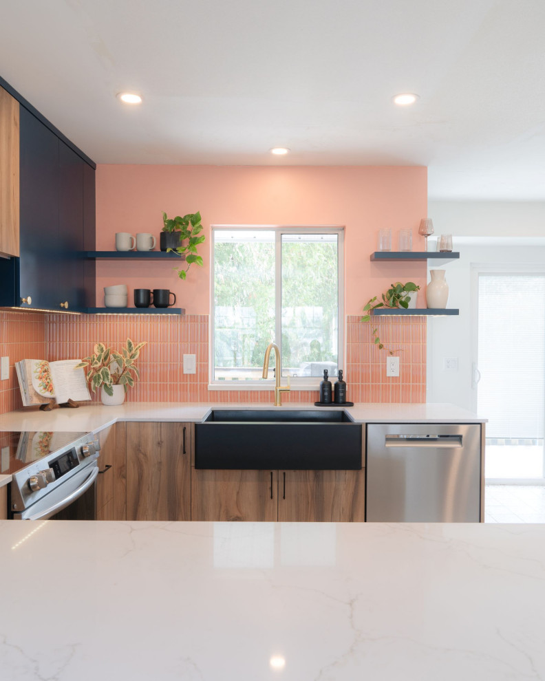 Eat-in kitchen - small transitional u-shaped terrazzo floor and white floor eat-in kitchen idea in Vancouver with a farmhouse sink, flat-panel cabinets, light wood cabinets, quartz countertops, pink backsplash, porcelain backsplash, stainless steel appliances, an island and white countertops