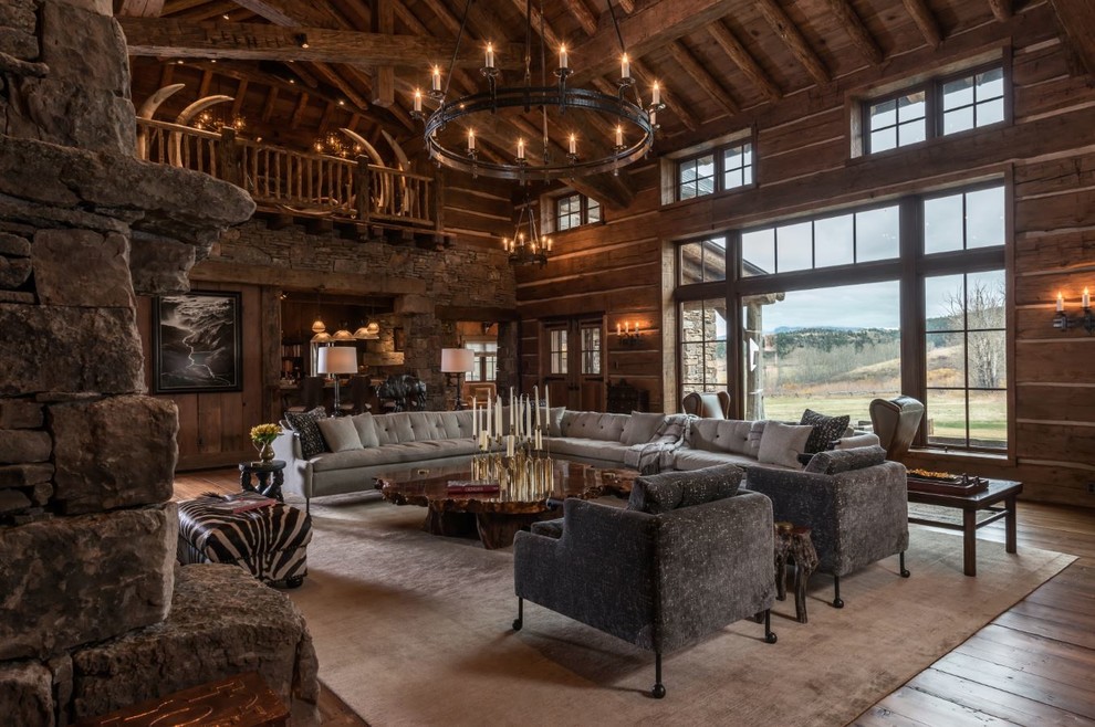 Inspiration for a country living room in Other with dark hardwood floors.