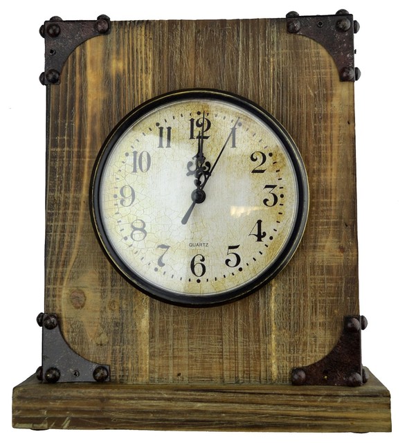 Rustic Wood Tabletop Clock with Iron Corners Rustic Desk And Mantel