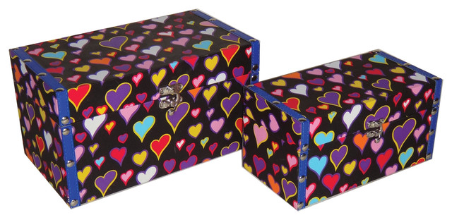 Home Decor Gift Set Of 2 Flat Top Keepsake Box With Psychadelic Hearts Design