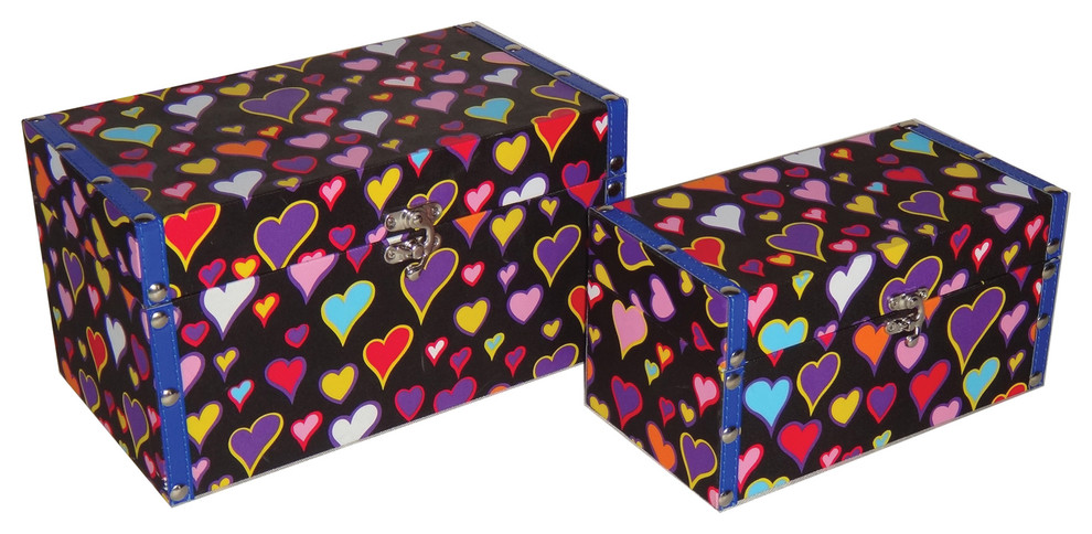 Home Decor Gift Set Of 2 Flat Top Keepsake Box With Psychadelic Hearts Design