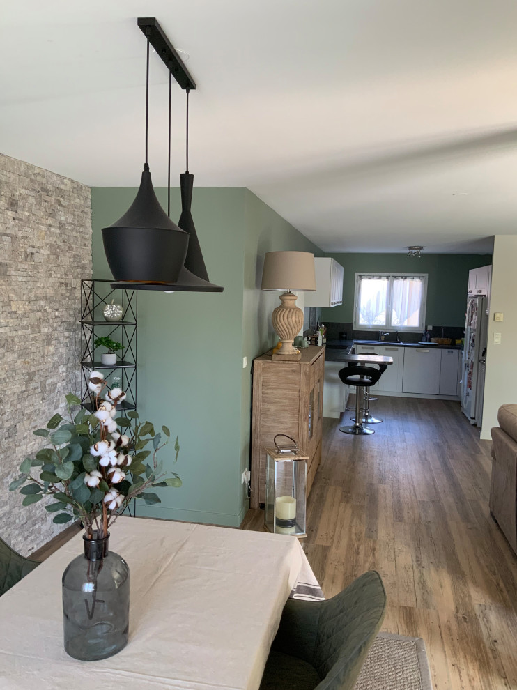 Mittelgroßes, Offenes Modernes Wohnzimmer mit grüner Wandfarbe, Vinylboden, TV-Wand, braunem Boden und Ziegelwänden in Grenoble