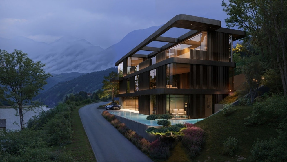 Архитектурная визуализация трёхэтажного загородного дома в окружении природы.