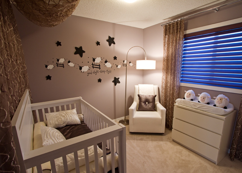 Small traditional gender-neutral nursery in Calgary with brown walls and carpet.