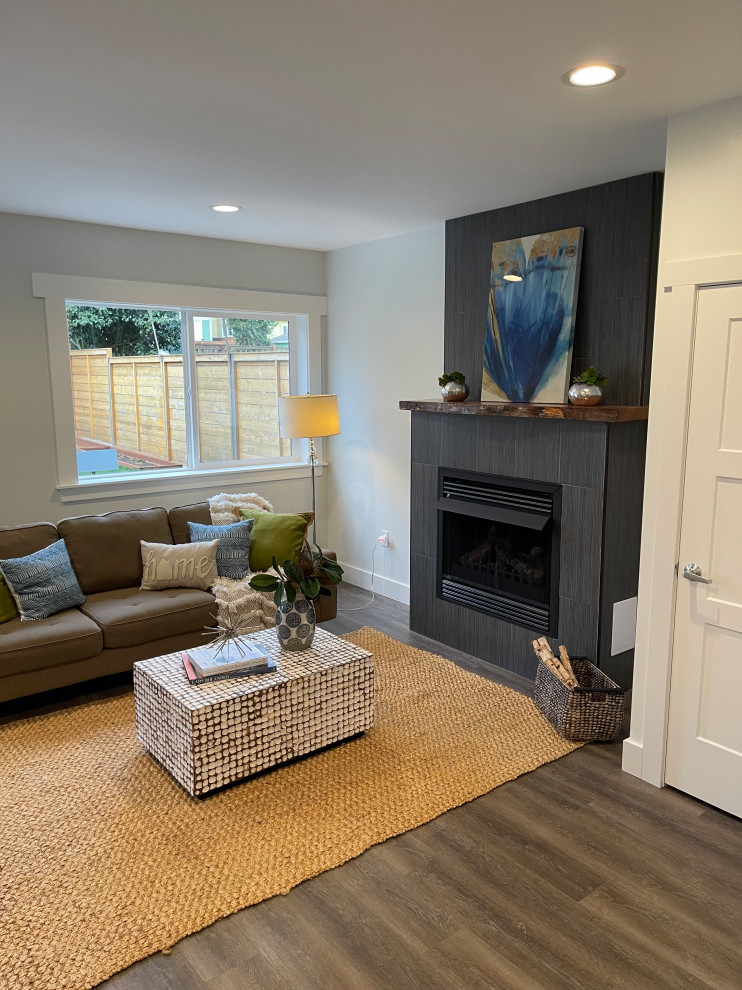 Custom Madrona Fireplace Mantel & Modern Tile Fireplace Surround
