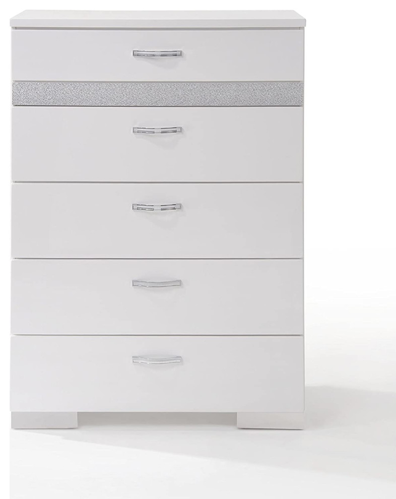 Modern Vertical Dresser, 5 Spacious Drawers With Chrome Pulls, Glossy White Midcentury