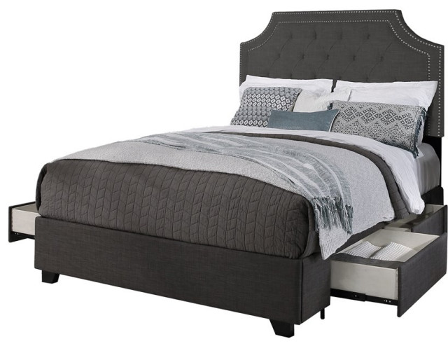Audrey Fabric Upholstered "Steel-Core" Platform Queen Bed/4-Drawers in Gray