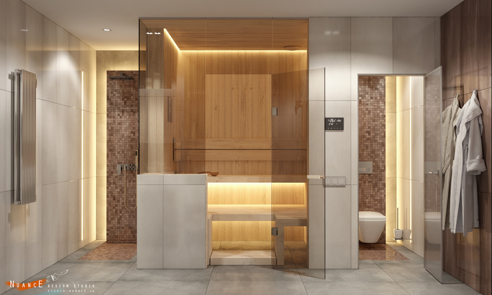 Ванная комната с сухой сауной в частной резиденции
