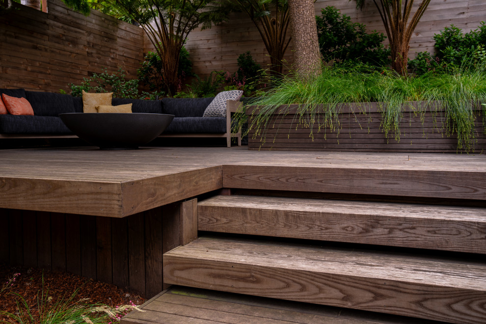 Inspiration for a small modern backyard deck remodel in San Francisco with a fire pit
