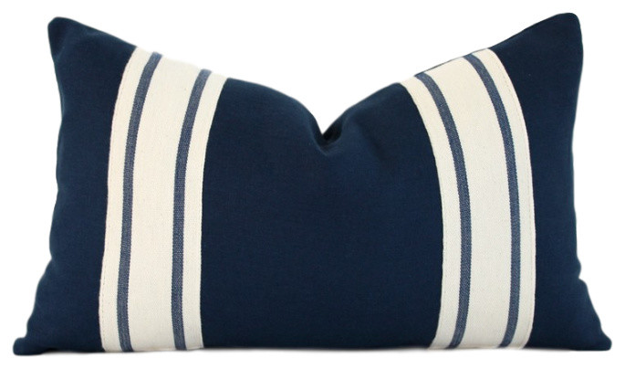 Striped Lumbar Linen Pillow Cover, Navy Blue, 12"x20", With Pillow Insert